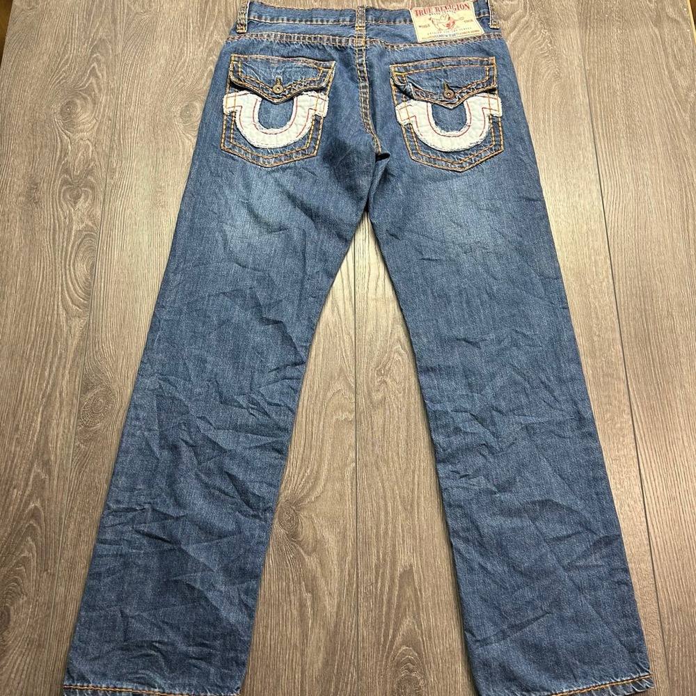 True Religion Rainbow Bobby Jeans Mens 33 Straight Leg Blue Contrast Stitch USA